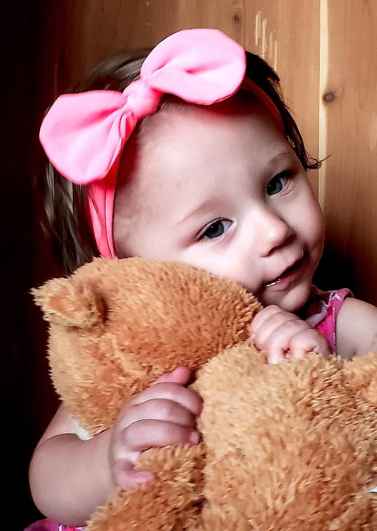 Waverly joined the competition — help win amazing prizes! baby, beauty, cheek, child, ear, fur, nose, person, pink, skin, smile, stuffed_toy, teddy_bear, toddler, toy