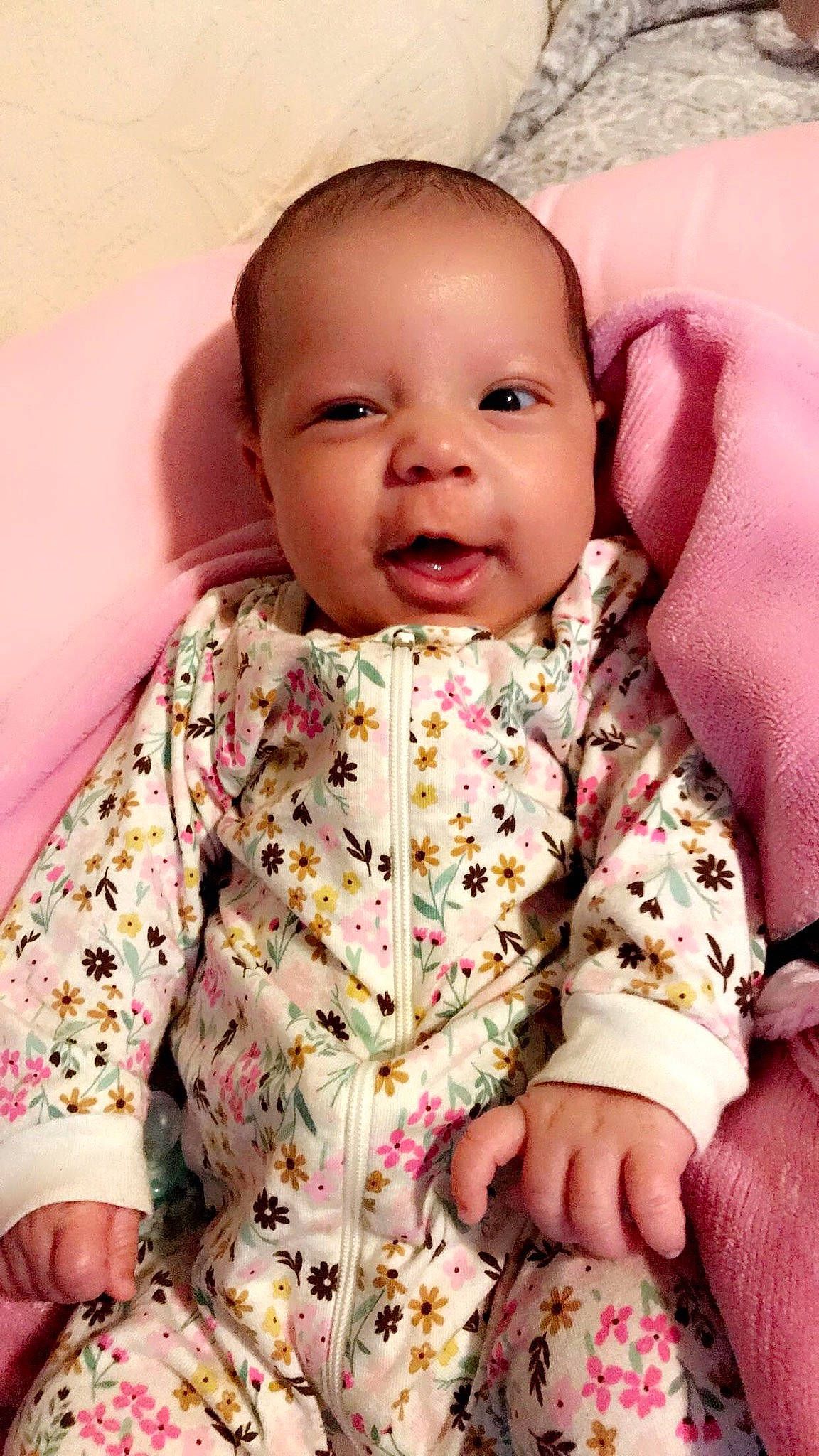 Kehlani is registered to the contest to win money with this photo: baby, baby_toddler_clothing, cheek, child, chin, collar, comfort, eye, eyebrow, face, head, iris, linens, nose, person, pink, skin, sleeve, smile, textile