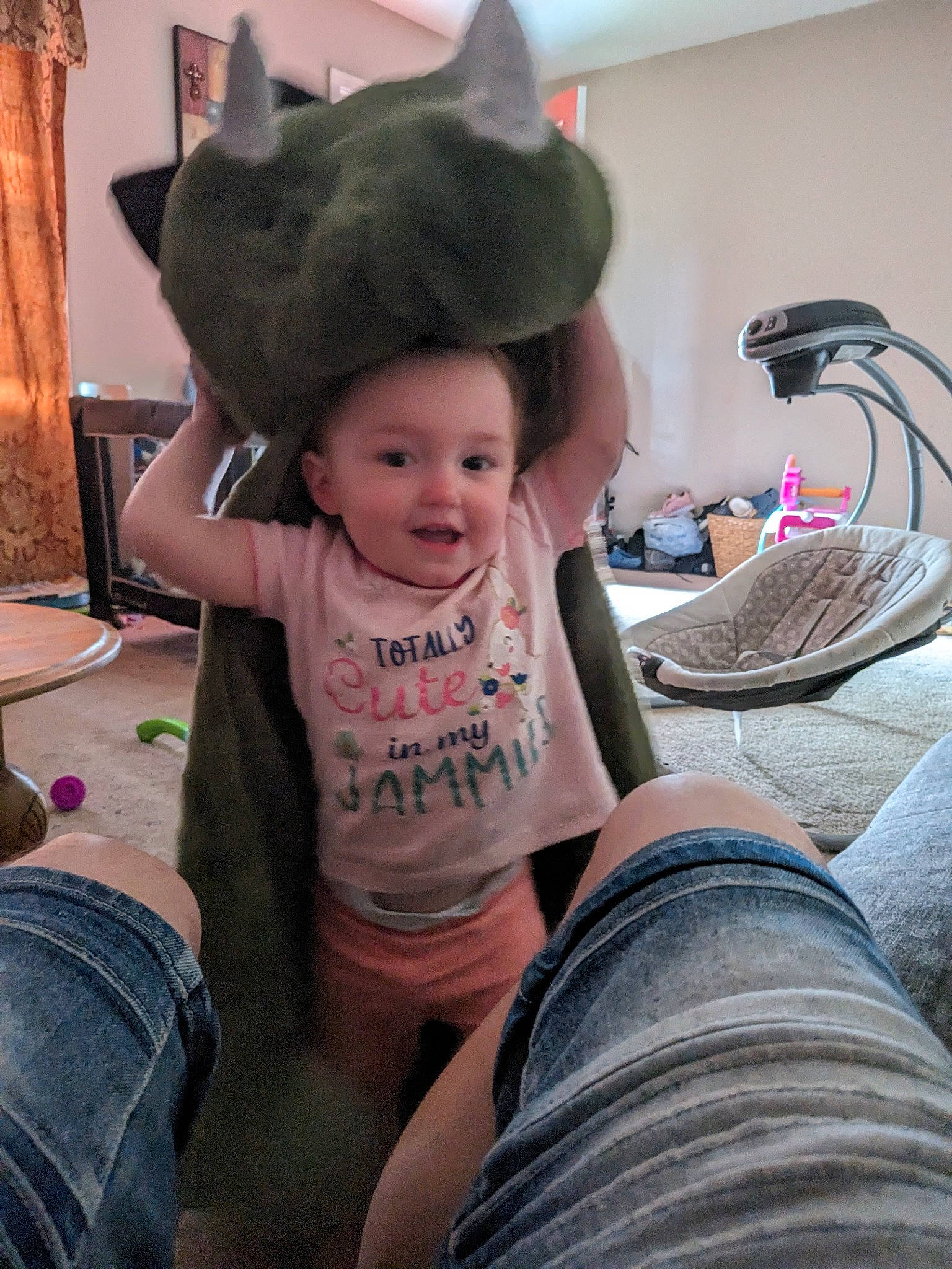 Nala joined the competition — help win amazing prizes! baby, baseball_cap, cap, child, clothing, cool, costume_hat, denim, fashion_accessory, fun, happy, human_leg, joy, leisure, person, room, sitting, smile, t_shirt, thigh