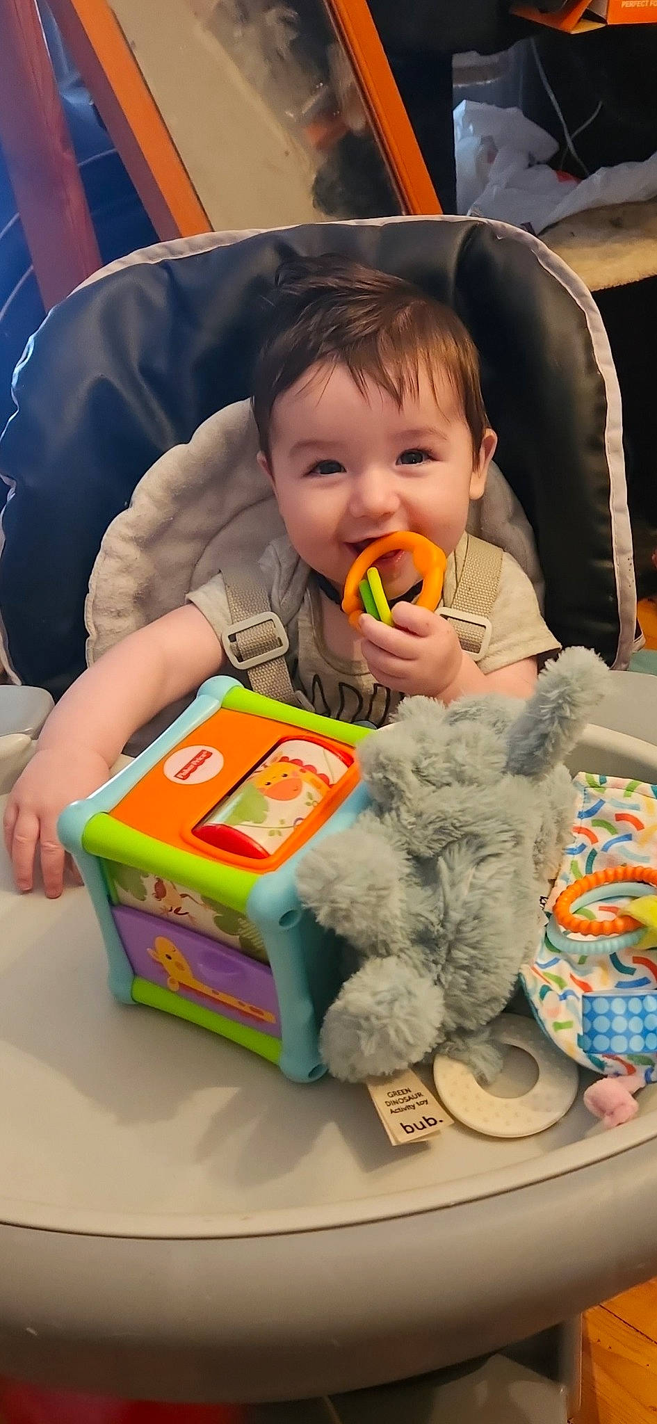 Lincoln joined the competition — help win amazing prizes! baby, baby_playing_with_toys, baby_products, baby_toddler_clothing, baby_toys, box, cheek, child, comfort, fun, person, plastic, play, room, sharing, sitting, skin, stuffed_toy, toddler, toy