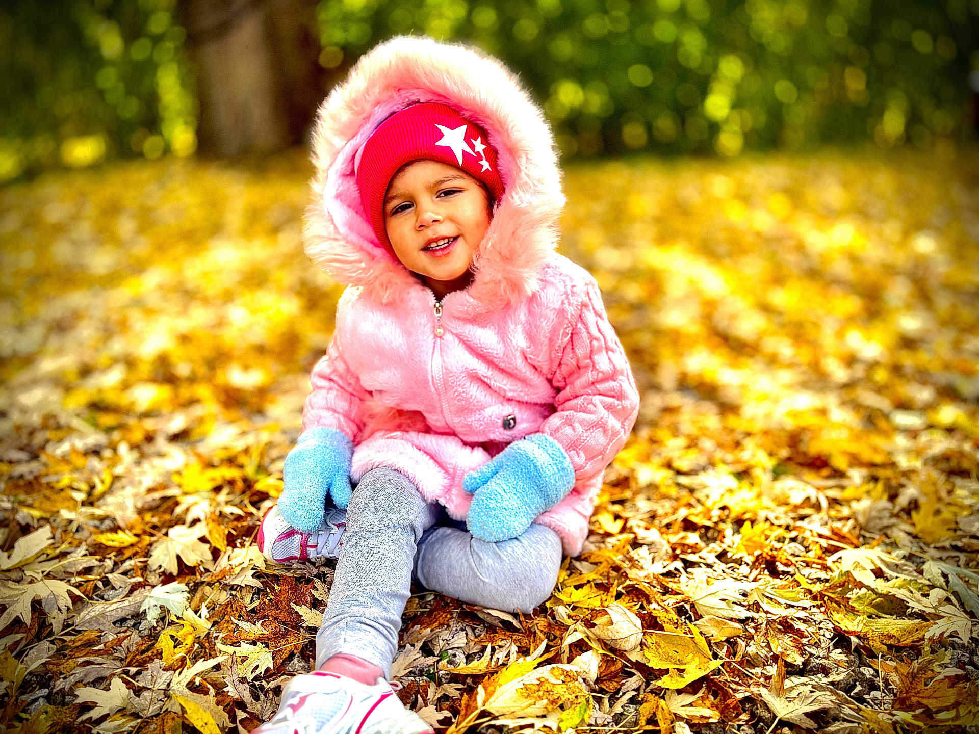 Roseary is registered to the contest to win money with this photo: child, toddler, autumn, leaves, pink_jacket, mittens, beanie, outdoor, sitting, smiling, nature, forest, fall, seasonal, happy, portrait, casual_wear, footwear, daylight, young