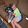 Bandit is registered to the contest to win money with this photo: child, dog, couch, hug, indoor, smile, yellow_shirt, blue_eyes, plush_toy, phone, wood_floor, shorts, barefoot, pet, furniture, affection, home, comfort, companion, relaxation