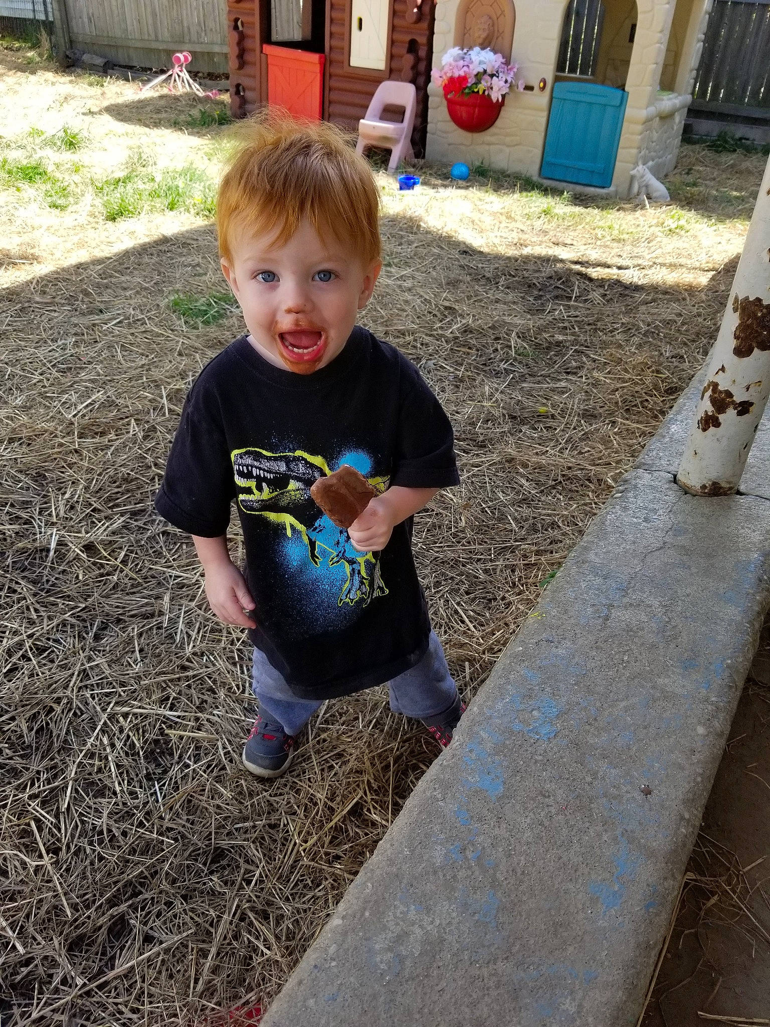 Chase is registered to the contest to win money with this photo: child, day, fun, girl, grass, outdoor_play_equipment, person, plant, play, public_space, recreation, sitting, soil, toddler, tree, vacation