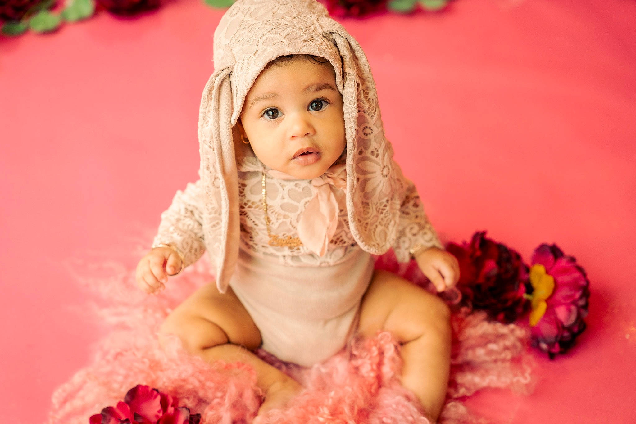 Kayleigh is registered to the contest to win money with this photo: baby, baby_toddler_clothing, cap, cheek, child, dress, embellishment, event, fun, hair_accessory, happy, headwear, iris, magenta, mammal, peach, person, pink, purple, red
