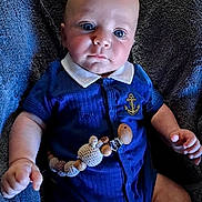 Malo participe au concours pour gagner de l'argent avec cette photo : baby, infant, blue_outfit, pacifier_clip, beads, crochet, wooden_beads, blanket, texture, collar, navy_blue, cute, child, young, sitting, indoors, portrait, person, skin, hand