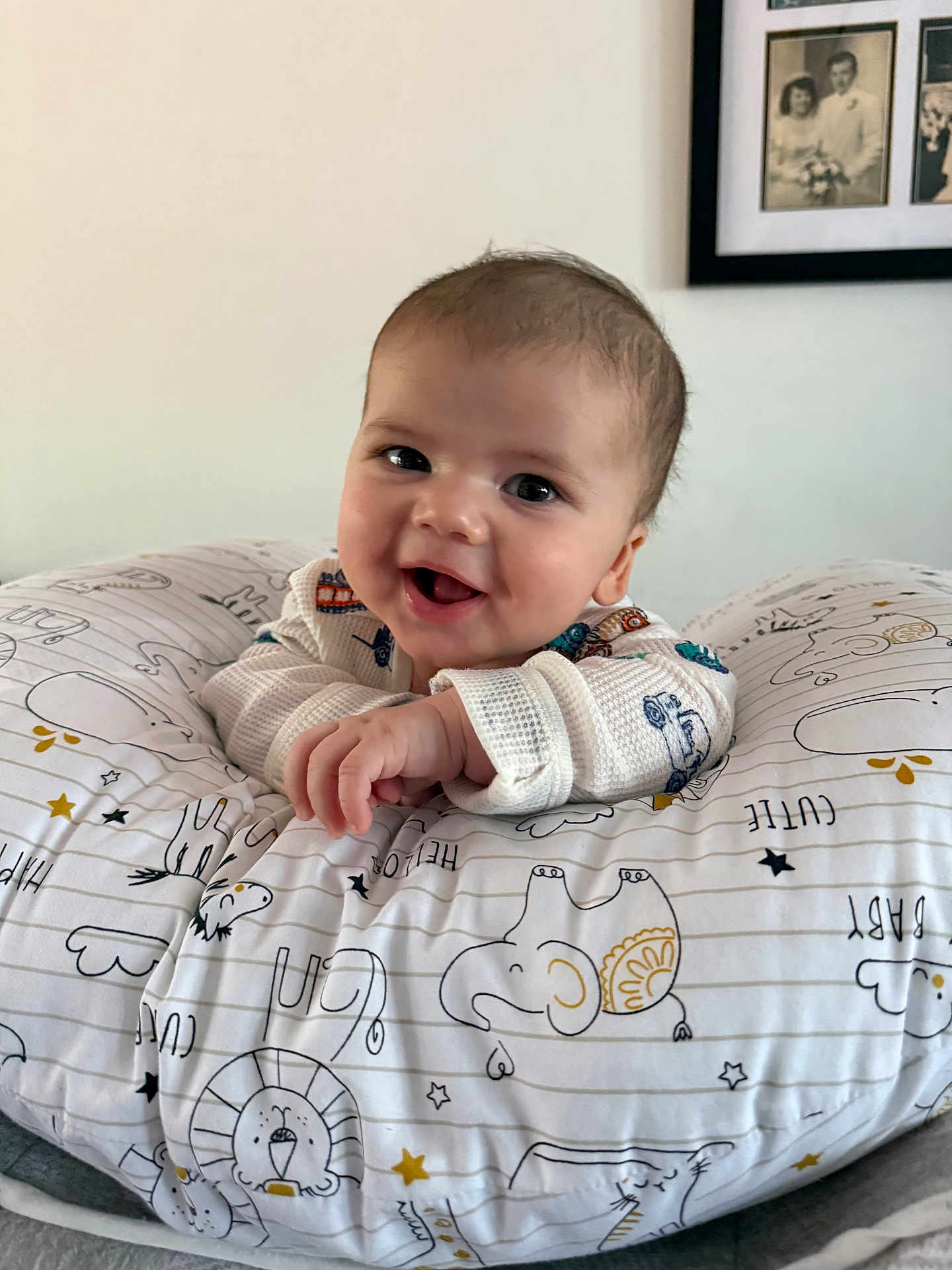 Lucas is registered to the contest to win money with this photo: baby, infant, smiling, pillow, animal_print, cute, face, happy, child, home, portrait, clothing, sleeve, hand, head, eyes, indoor, photography, cozy, blanket