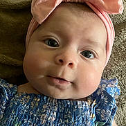 Octayvia is registered to the contest to win money with this photo: adorable, apparel, baby, blanket, blue_dress, cheeks, child, close_up, cute, eyes, face, fashion, floral_pattern, headband, infant, lying_down, pink_bow, portrait, smile, soft_texture