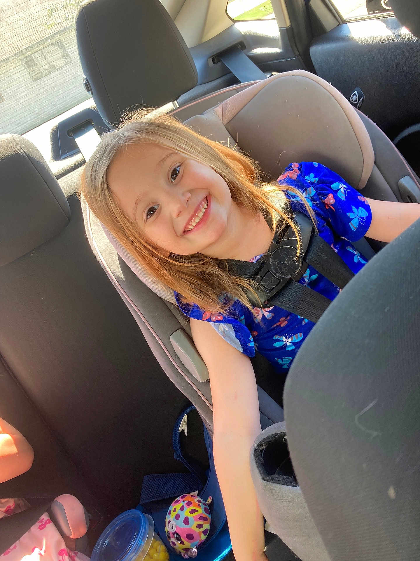 Amarah joined the competition — help win amazing prizes! child, girl, car_seat, smiling, blue_dress, butterflies, seatbelt, car_interior, sunlight, toy, plush_toy, happy, young, seat, vehicle, child_safety, casual, daylight, backseat, portrait