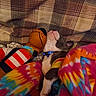 Bleu Diamond is registered to the contest to win money with this photo: dog, plush_toy, blanket, tie_dye, plaid, sleeping, resting, cozy, bed, fabric, collar, cute, small_dog, indoor, comfort, colorful, snuggling, toy, pet, soft