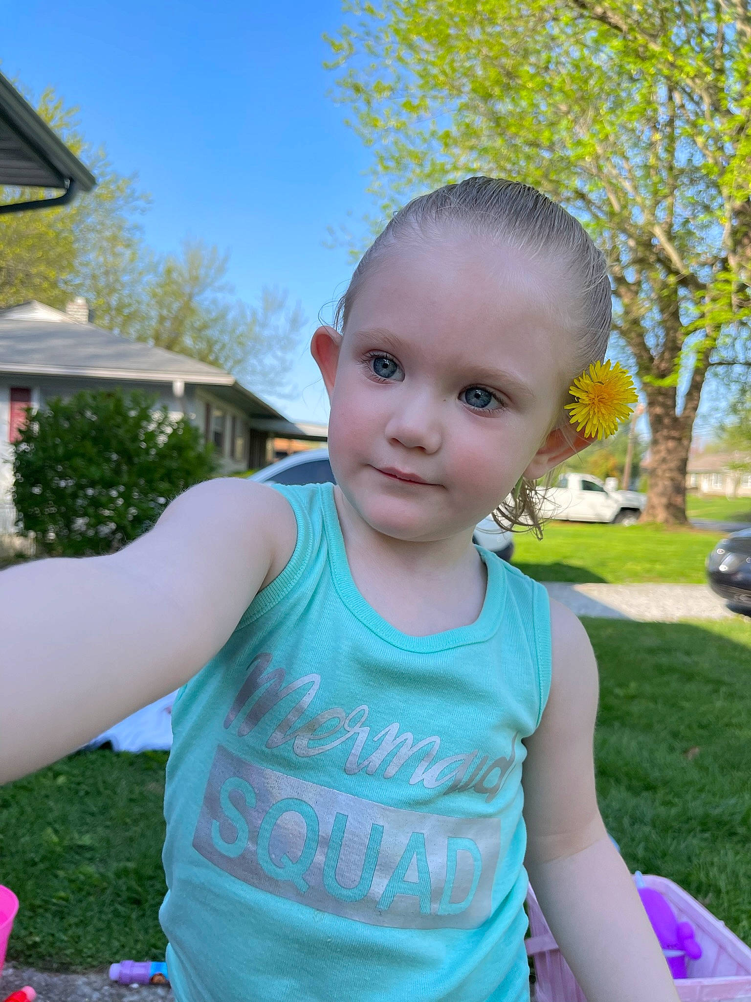 Eleanor joined the competition — help win amazing prizes! azure, daytime, electric_blue, grass, hairstyle, happy, lawn, leaf, leisure, people_in_nature, person, photograph, pink, plant, recreation, shoulder, sky, summer, t_shirt, toddler