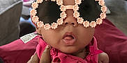 Shai joined the competition — help win amazing prizes! baby, sunglasses, flower_shaped, pink_clothing, hand, indoor, face, child, cute, surprised_expression, person, infant, casual, soft_lighting, clothing, holding, background, home, portrait, accessory