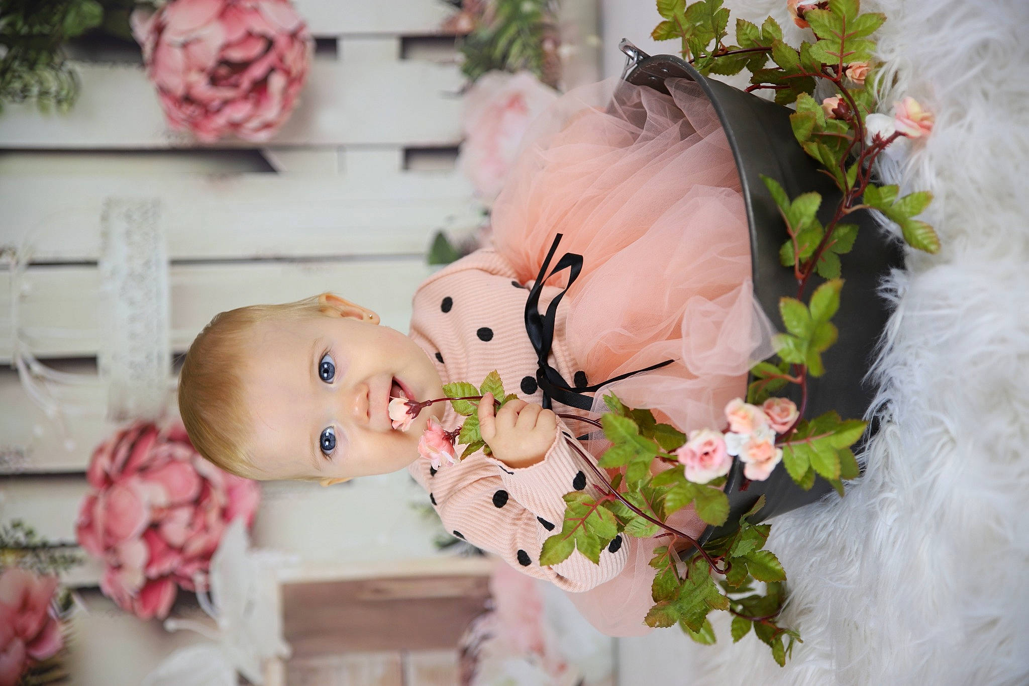 Amalia a rejoint le concours — aidez-le/la à gagner de superbes lots ! baby, bouquet, cut_flowers, dress, event, floristry, flower, flower_arranging, happy, headpiece, peach, person, petal, pink, plant, rose, textile, toddler, twig, wedding_ceremony_supply