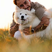 Balto a rejoint le concours — aidez-le/la à gagner de superbes lots ! dog, field, fluffy_dog, friendship, golden_hour, grass, happy, hug, man, nature, outdoor, pet, portrait, smile, sunlight, tattoos, tongue_out, warm_light, watch, white_dog