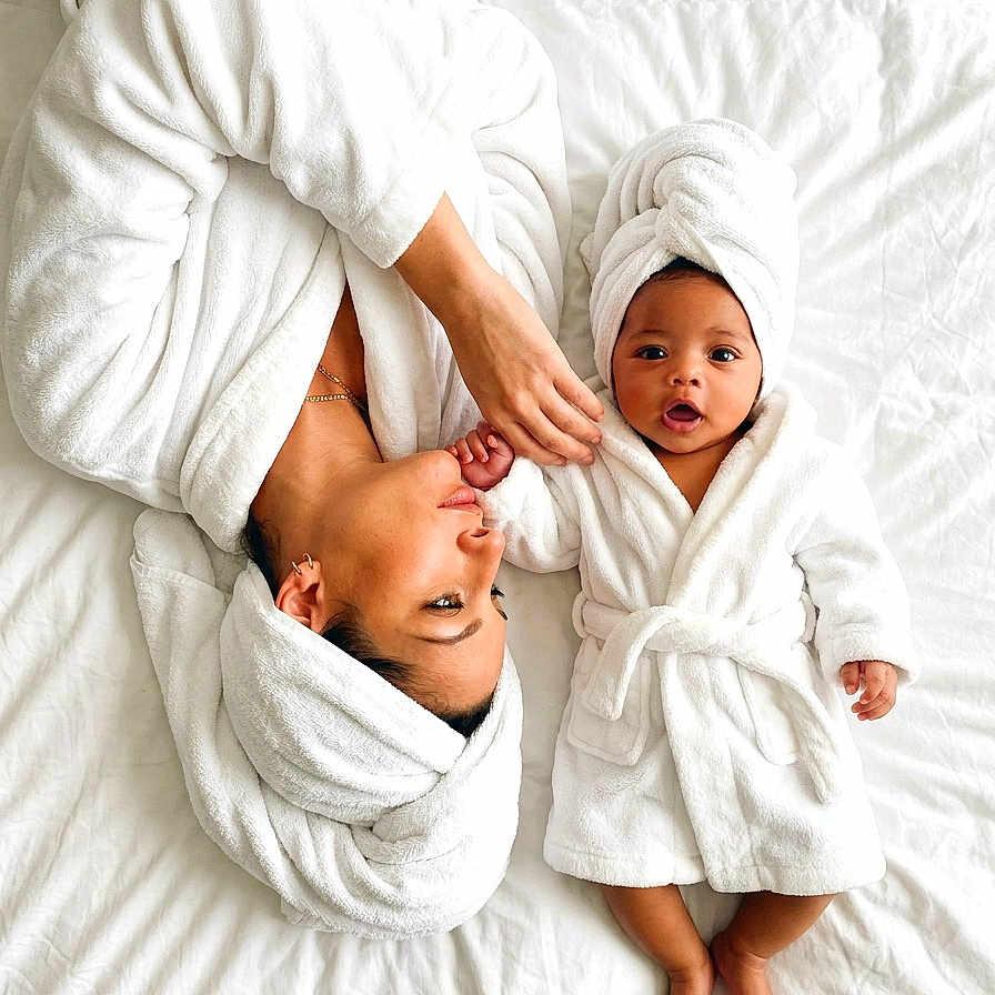 Amaria is registered to the contest to win money with this photo: baby, adult, bathrobe, bed, blanket, bonding, child, comfort, family, holding_hands, indoor, mother, person, portrait, relaxation, towel, towel_wrap, white, lying_down, skin
