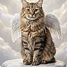 cat, tabby_cat, angel_wings, halo, clouds, pedestal, fantasy, portrait, fluffy, feline, animal, cute, soft_light, heavenly, mythical, sitting, furry, whiskers, ears, serene