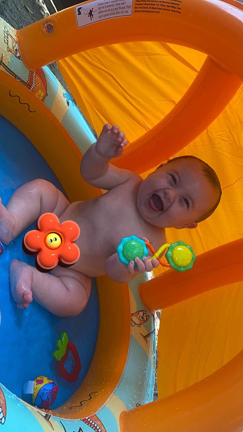 Ridge is registered to the contest to win money with this photo: baby, inflatable_pool, toy, water, smile, happy, child, summer, play, orange, blue, wet, skin, sitting, cute, fun, outdoor, sunlight, infant, colorful