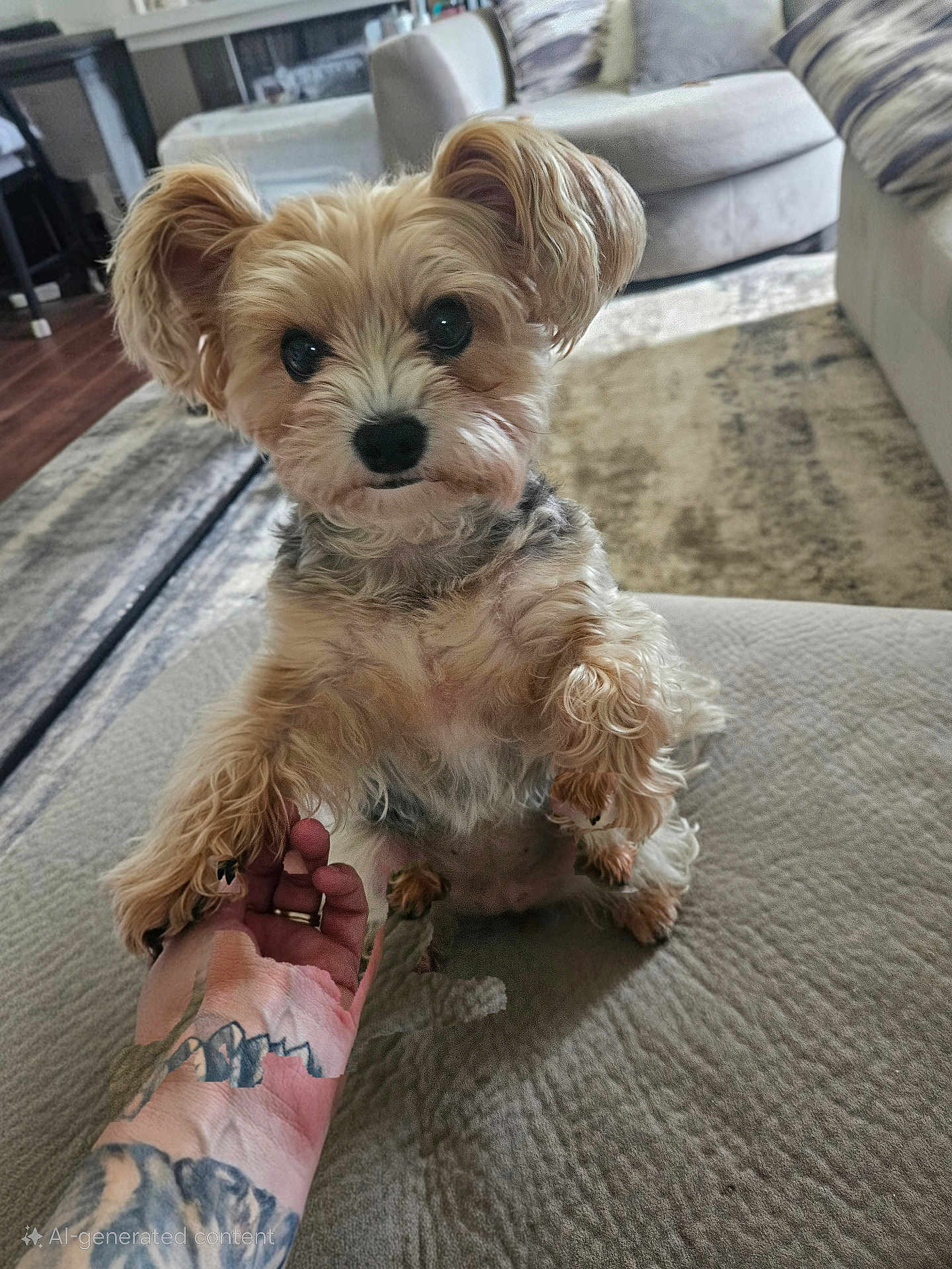 Snickers joined the competition — help win amazing prizes! dog, puppy, small_dog, pet, cute, fur, paw, hand, tattoo, couch, living_room, carpet, furniture, indoors, friendly, animal, companion, domestic_animal, cute_pet, close_up