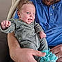 Marceau participe au concours pour gagner de l'argent avec cette photo : baby, man, smiling, dinosaur_onesie, blue_shirt, beard, holding, happy, indoor, couch, knitted_booties, portrait, family, love, child, person, cute, infant, toddler, affection