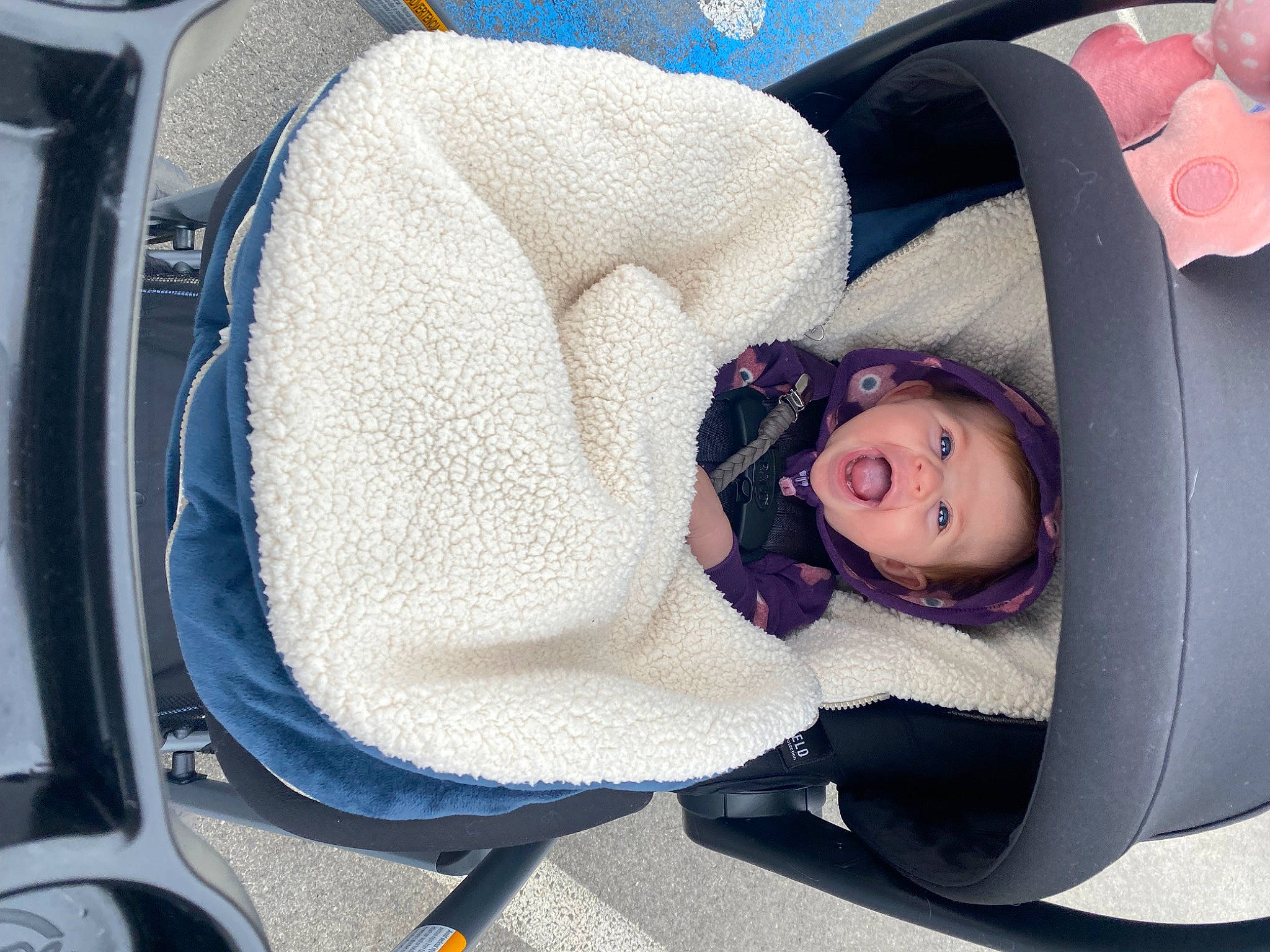 Mallory is registered to the contest to win money with this photo: arm, auto_part, automotive_design, automotive_exterior, baby_carriage, baby_products, car, car_seat, child, comfort, leg, motor_vehicle, person, product, sitting, sunglasses, toddler, tree, vehicle, vehicle_door