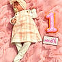 Mila joined the competition — help win amazing prizes! baby, infant, pacifier, headband, bow, pink_blanket, plush, number_one, donut, month_sign, clothing, white_tights, newborn, celebration, soft_texture, portrait, cute, lying_down, milestone, pastel_colors