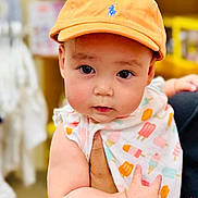 Danica joined the competition — help win amazing prizes! baby, background_blur, cap, child, close_up, colorful_clothing, curious, cute, expression, face, hand, holding, indoor, infant, orange_cap, person, portrait, small_hand, soft_skin, young_child