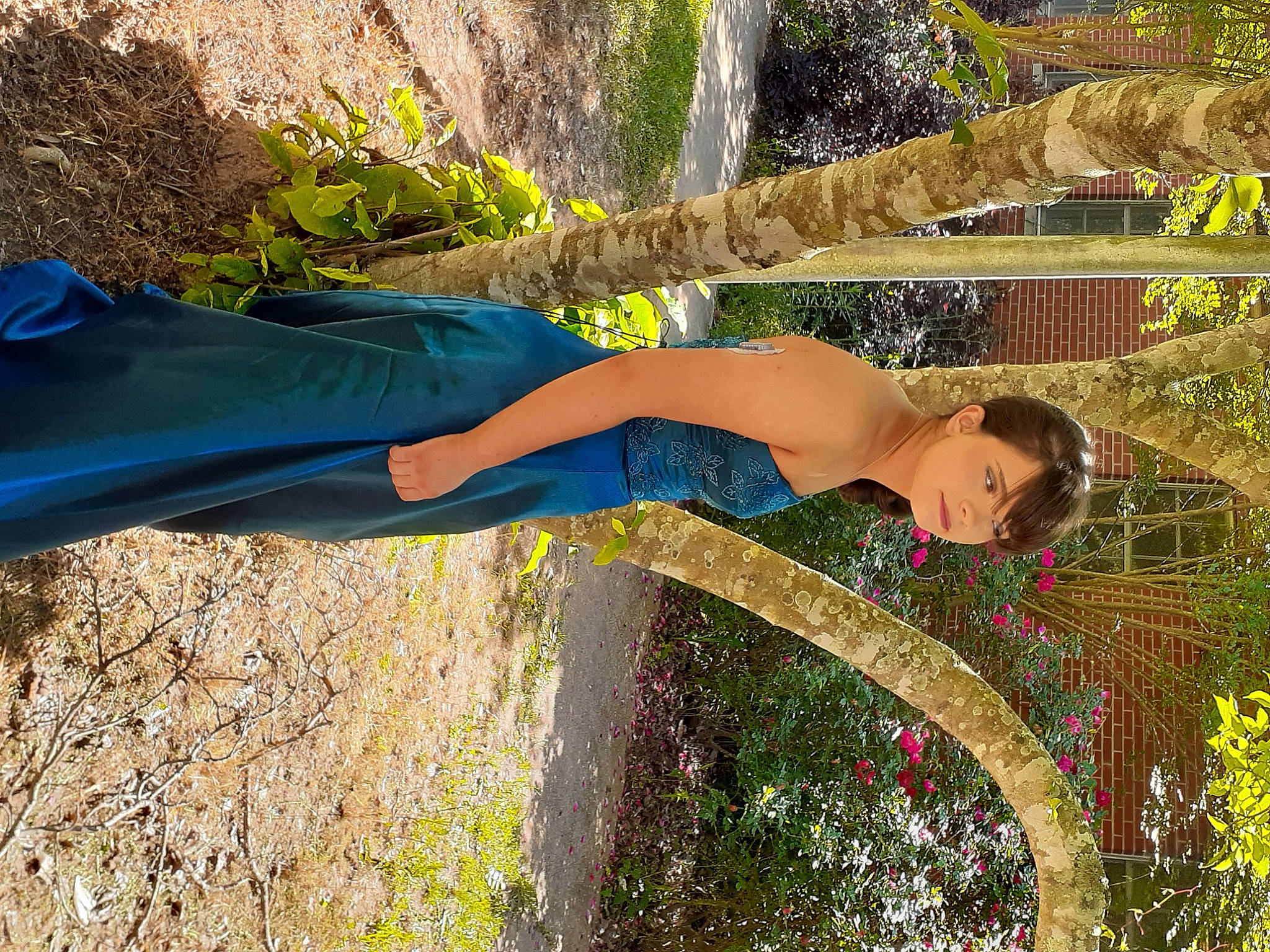 Caylee is registered to the contest to win money with this photo: arm, dress, elbow, flash_photography, glasses, grass, hand, happy, human_body, knee, landscape, leg, leisure, people_in_nature, person, plant, street_fashion, thigh, tree, waist