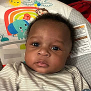 Nyairre is registered to the contest to win money with this photo: baby, child, face, infant, striped_clothing, blanket, baby_seat, cartoon_animals, indoor, closeup, portrait, young_child, cute, expression, furniture, comfort, soft_toys, head, person, seat