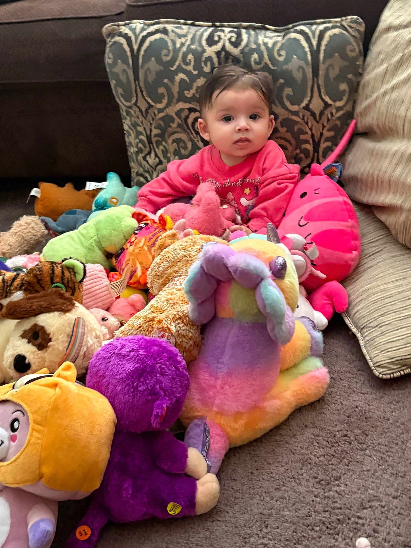 Charlie is registered to the contest to win money with this photo: baby, infant, plush_toys, stuffed_animals, couch, pillow, carpet, pink_clothing, colorful, sitting, portrait, indoors, cute, young_child, decorative_pillow, soft_toys, smiling_hint, home, cozy, playtime