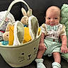 baby, bow_tie, bunny_basket, child, couch, cozy, cute, fabric, happy, indoors, infant, mint_green, person, pillow, plush_toys, seated, shorts, smile, socks, soft_toys