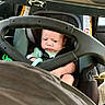 Thor is registered to the contest to win money with this photo: baby, baby_toddler, car_interior, car_seat, child, closeup, expression, face, green_clothing, indoors, infant, person, safety, seat, seatbelt, serious, stroller_handle, transportation, vehicle, young_child