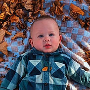 Elias is registered to the contest to win money with this photo: baby, child, infant, portrait, lying_down, outdoor, autumn, leaves, blanket, plaid, blue, jacket, clothing, face, smiling, eyes, nature, fall, photography, cozy