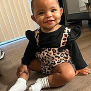 Eleia joined the competition — help win amazing prizes! toddler, child, smile, sitting, leopard_print, outfit, white_socks, floor, wooden_floor, indoor, topknot, happy, cat, pet, curious, background, person, baby, cute, portrait