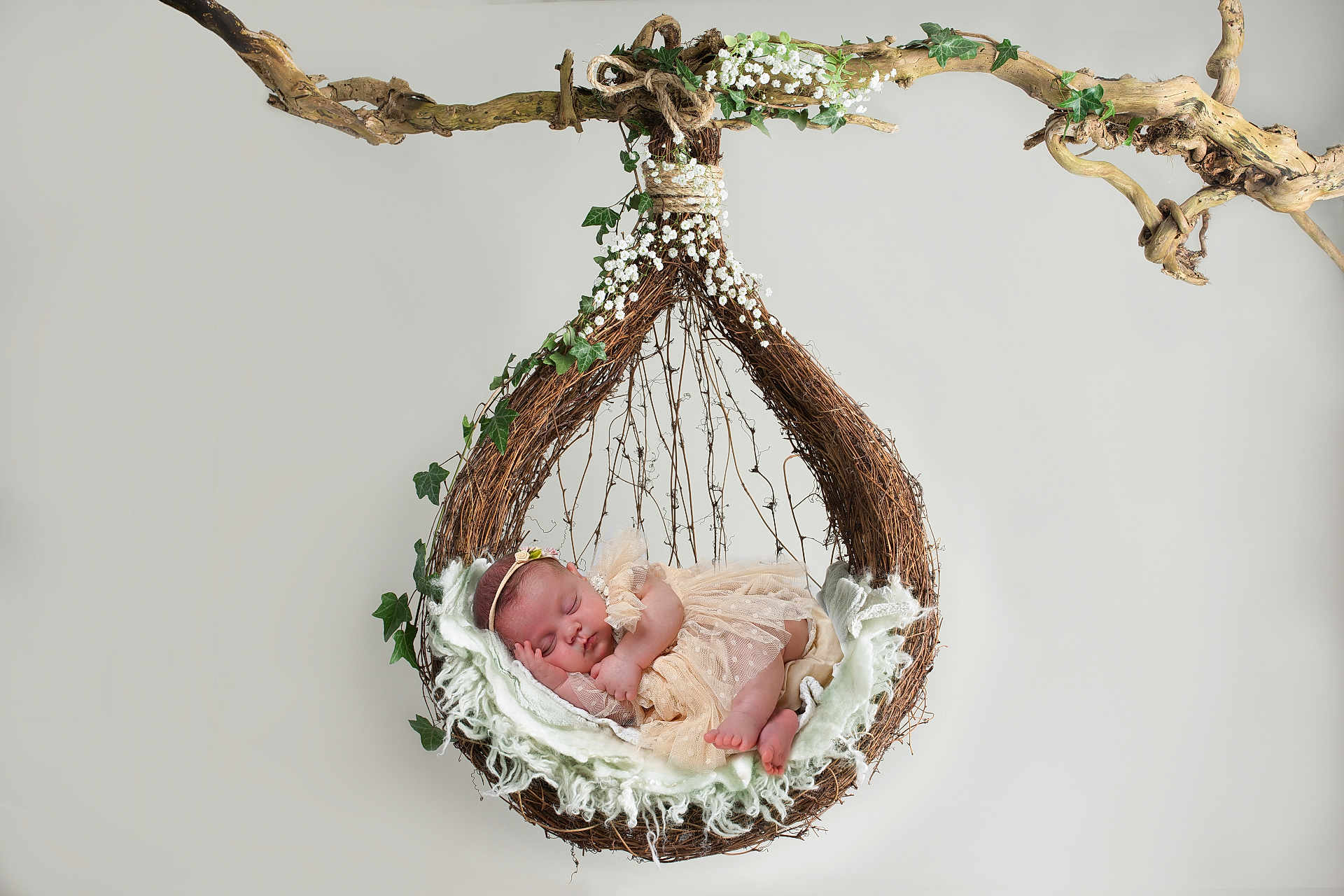 Lara participe au concours pour gagner de l'argent avec cette photo : baby, newborn, sleeping, hanging_nest, twigs, flowers, ivy, blanket, headband, soft_fabric, child, cute, peaceful, portrait, studio, decorative, nature_inspired, innocence, resting, delicate