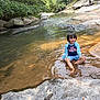 child, water, creek, mud, rocks, forest, nature, outdoor, play, sunlight, river, trees, boy, sitting, casual_clothing, happy, summer, shallow_water, adventure, exploration