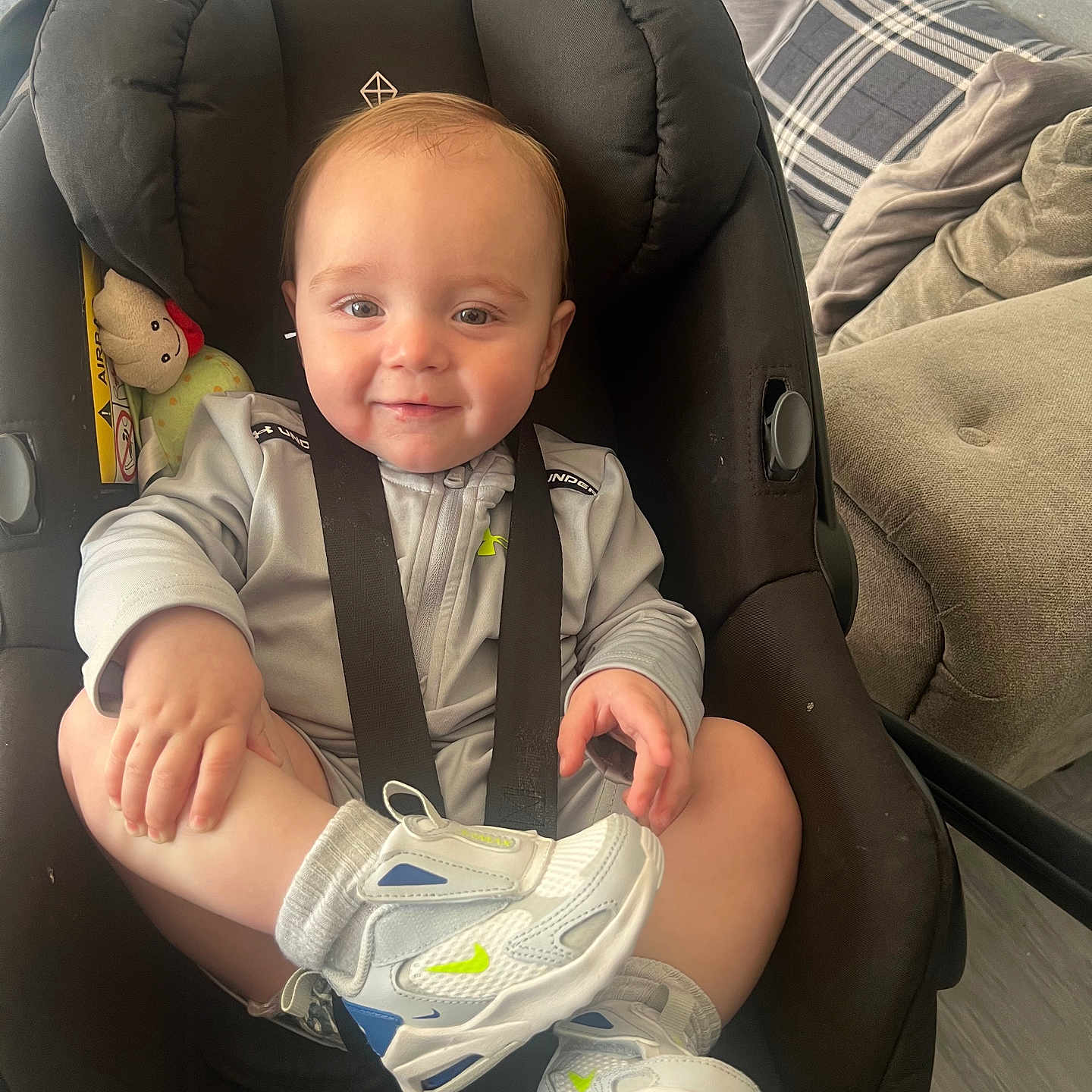 Remy joined the competition — help win amazing prizes! accessories, baby, clothing, coat, couch, cushion, face, footwear, furniture, head, homedecor, pants, person, photography, portrait, shoe, sitting, sneaker, transportation, vehicle