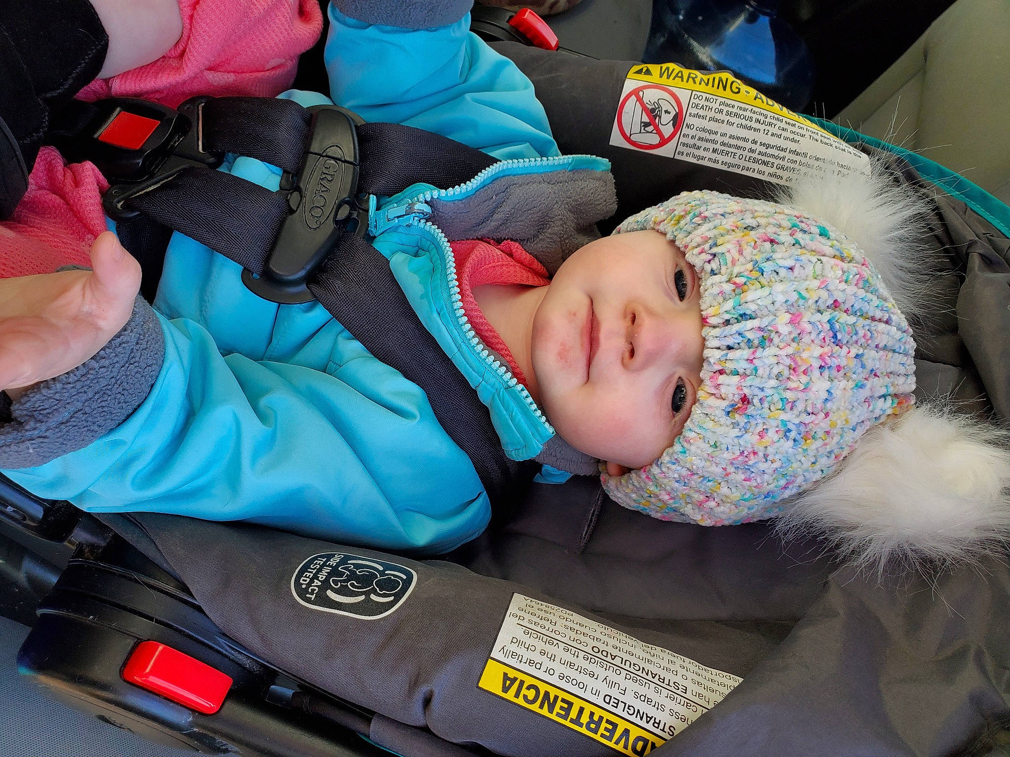 Amira is registered to the contest to win money with this photo: auto_part, baby, baby_carriage, baby_products, baby_toddler_clothing, car_seat, child, comfort, electric_blue, family_car, headwear, nap, person, product, sleep, toddler