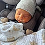 baby, newborn, sleeping, car_seat, hat, blanket, teddy_bear, cozy, infant, child, cute, peaceful, soft, fabric, clothing, portrait, indoors, resting, headwear, wrapped