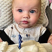 Mateo joined the competition — help win amazing prizes! baby, child, face, blue_eyes, highchair, birthday_cake, candle, cream, frosting, celebration, cute, infant, clothing, indoor, portrait, expression, curious, food, party, smile