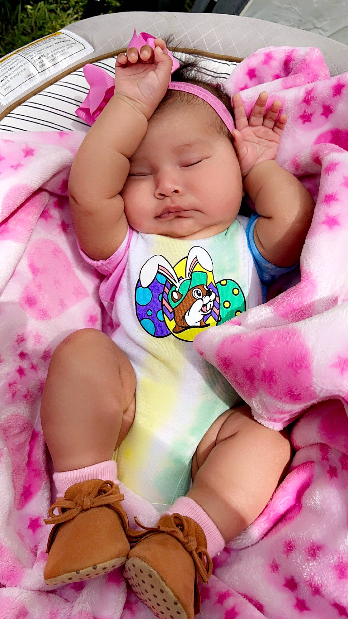 Carly joined the competition — help win amazing prizes! arm, baby, baby_sleeping, baby_toddler_clothing, beauty, cheek, comfort, finger, hand, headwear, knee, leg, mouth, pattern, person, pink, purple, skin, stomach, textile