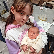 Ruby participe au concours pour gagner de l'argent avec cette photo : child, baby, indoor, table, newborn, person, clothing, face, holding, sitting, cozy, family, portrait, floor, cupboard, glass, paper_crown, tile_floor, hoodie, long_hair