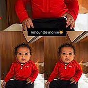 Marwan a rejoint le concours — aidez-le/la à gagner de superbes lots ! toddler, child, red_jacket, nike, black_pants, white_socks, curly_hair, indoor, wooden_background, collage, portrait, cute, baby, sitting, expression, fur_surface, three_photos, text_overlay, love_message, person