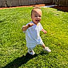 toddler, child, smiling, outdoor, grass, sunlight, white_shirt, plaid_shorts, sneakers, fence, playful, happy, young_child, greenery, daylight, shadow, person, lawn, casual_clothing, nature