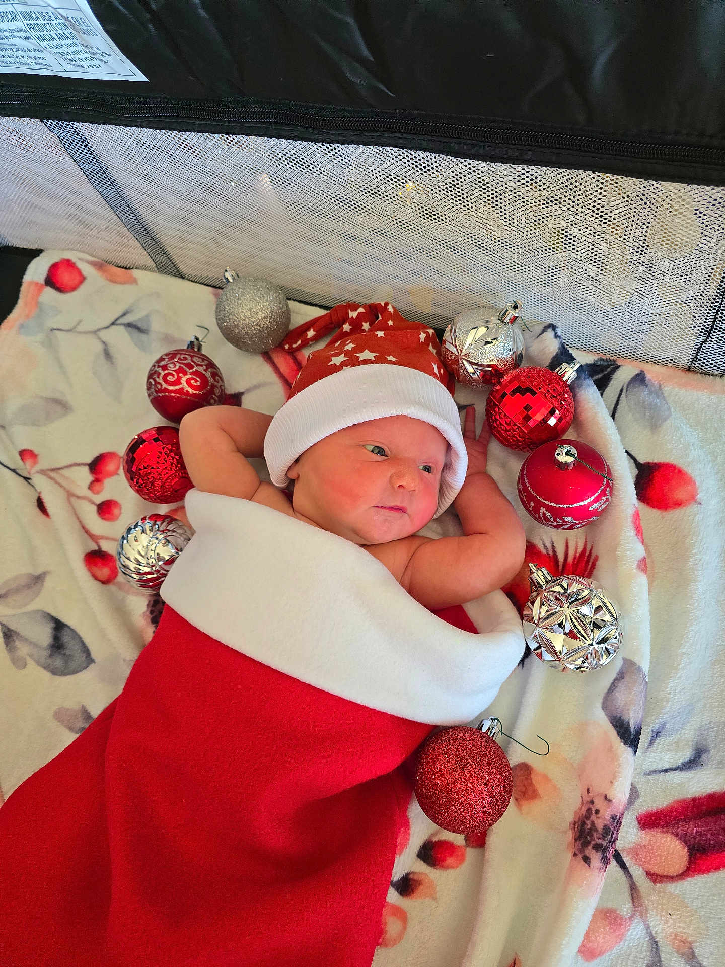 Kerrie joined the competition — help win amazing prizes! baby, newborn, christmas_stocking, red_hat, ornaments, red_ornaments, silver_ornaments, blanket, floral_pattern, holiday, festive, cute, infant, wrapped, cozy, lying_down, decorations, celebration, holiday_season, warm