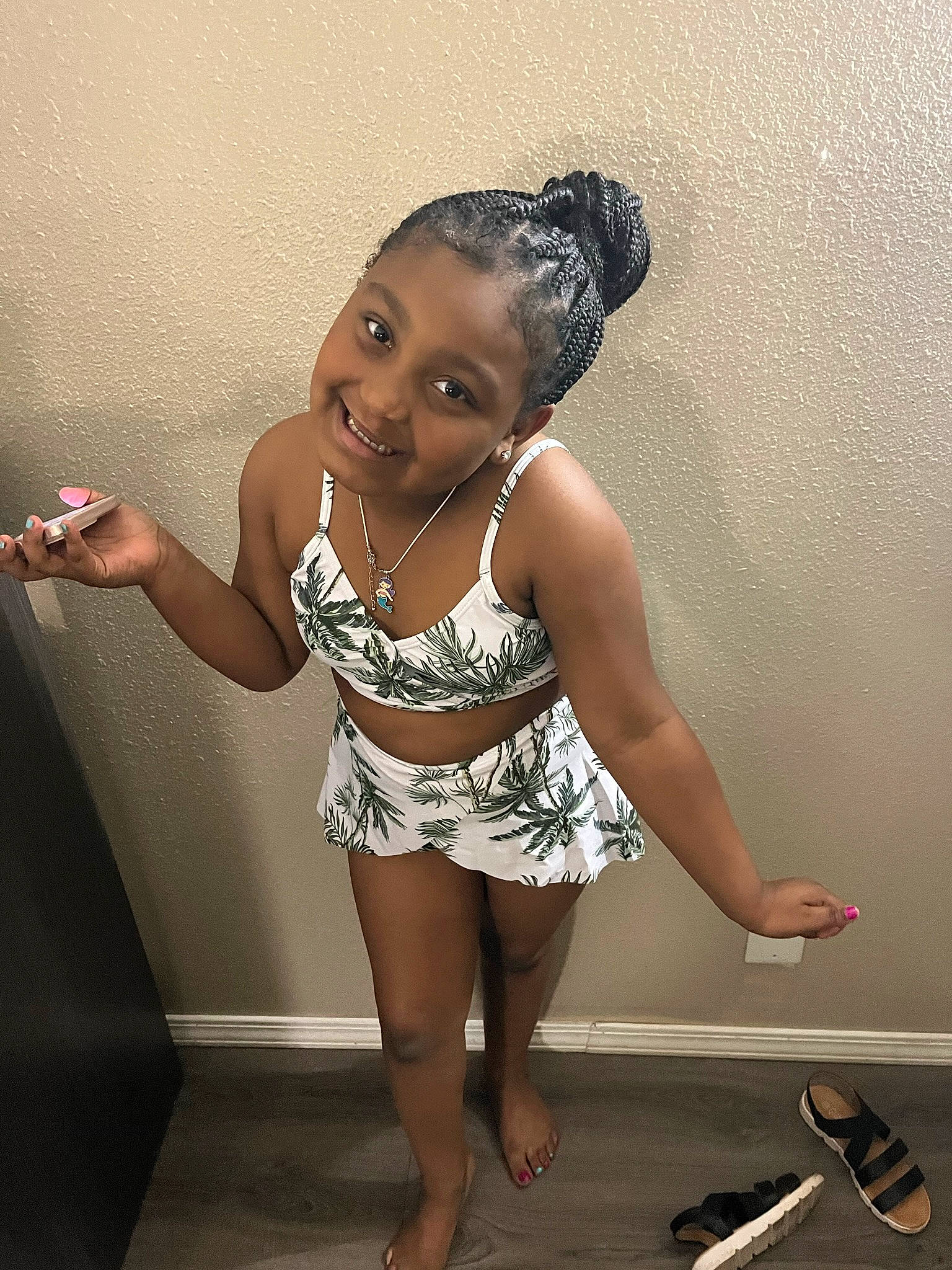 Gabrielle joined the competition — help win amazing prizes! baby_toddler_clothing, barefoot, black_hair, chest, day_dress, elbow, fashion_design, flash_photography, foot, gesture, happy, human_leg, joint, joy, leg, one_piece_garment, person, thigh, toddler, trunk