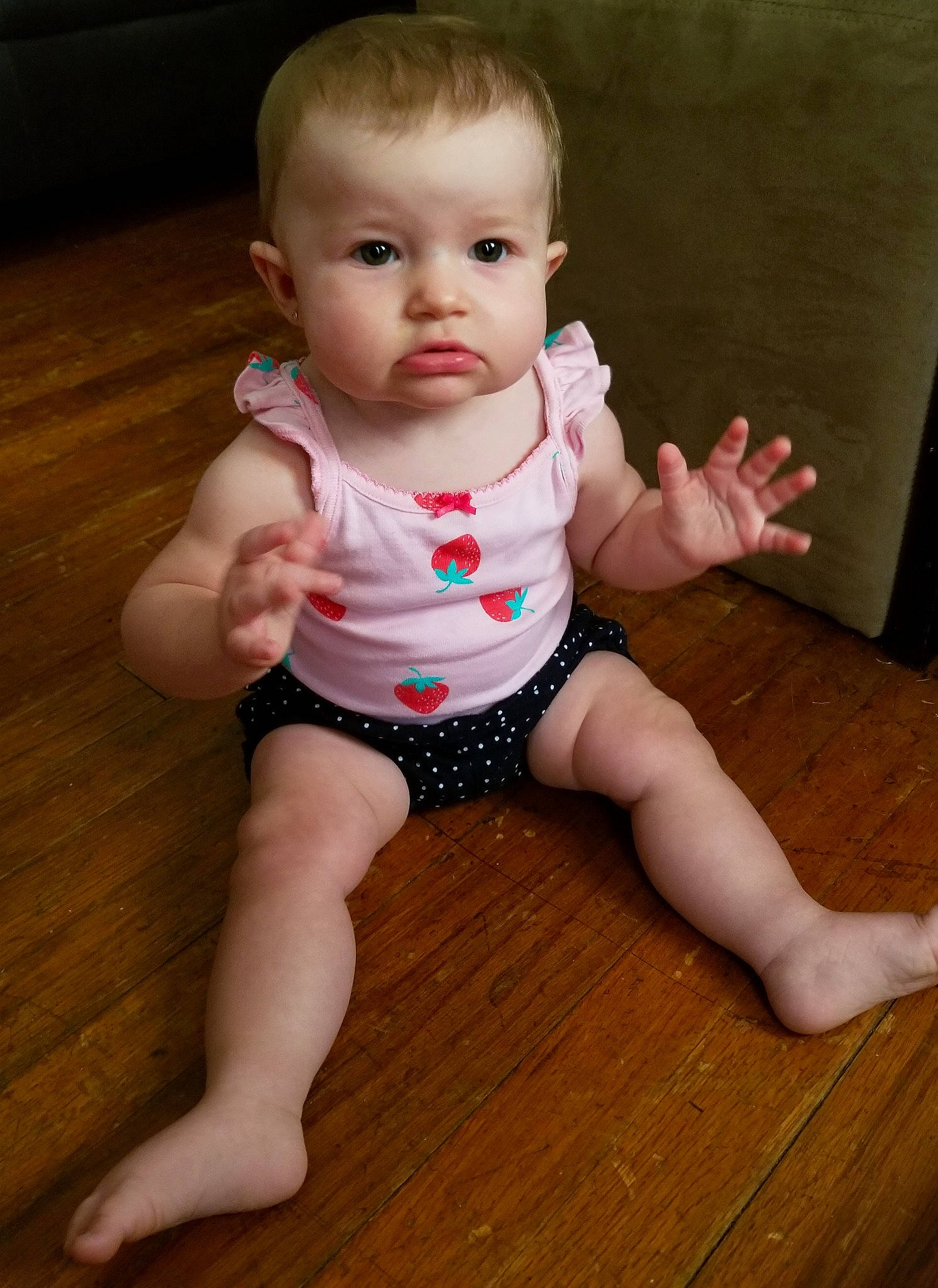 Kynslee joined the competition — help win amazing prizes! arm, baby, baby_toddler_clothing, cheek, child, eye, face, finger, floor, flooring, head, leg, lip, person, sitting, skin, standing, toddler