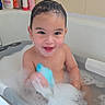 bath, bathroom, bathtub, bubbles, child, cleaning, face, foam, happy, head, play, sitting, skin, smiling, soap, tiles, toddler, toy, water, wet