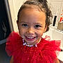 child, girl, smile, red_dress, tulle, necklace, bathroom, toothbrush, toothpaste, face, happy, curly_hair, earrings, portrait, indoor, person, cute, young, bright, joyful