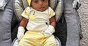 Christopher is registered to the contest to win money with this photo: baby, infant, child, yellow_hat, yellow_pants, striped_clothing, white_socks, white_mittens, baby_seat, gray_cushion, carpet, indoor, portrait, cute, smiling, relaxed, comfortable, baby_fashion, newborn, soft_textures