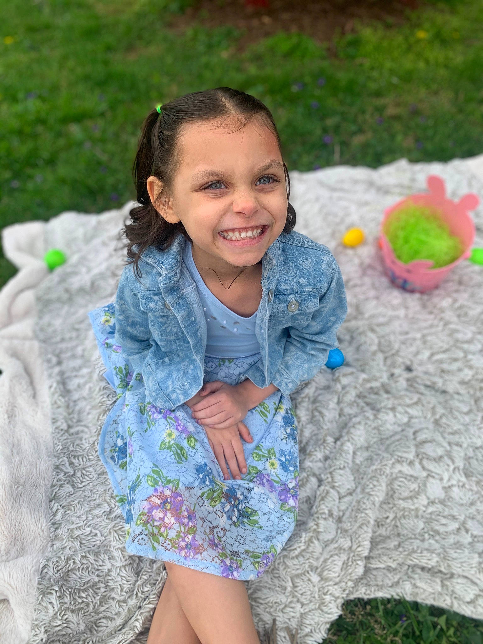 Naila joined the competition — help win amazing prizes! child, dress, fun, grass, happy, joy, pattern, person, plant, play, sitting, skin, smile, summer, textile, toddler, vacation
