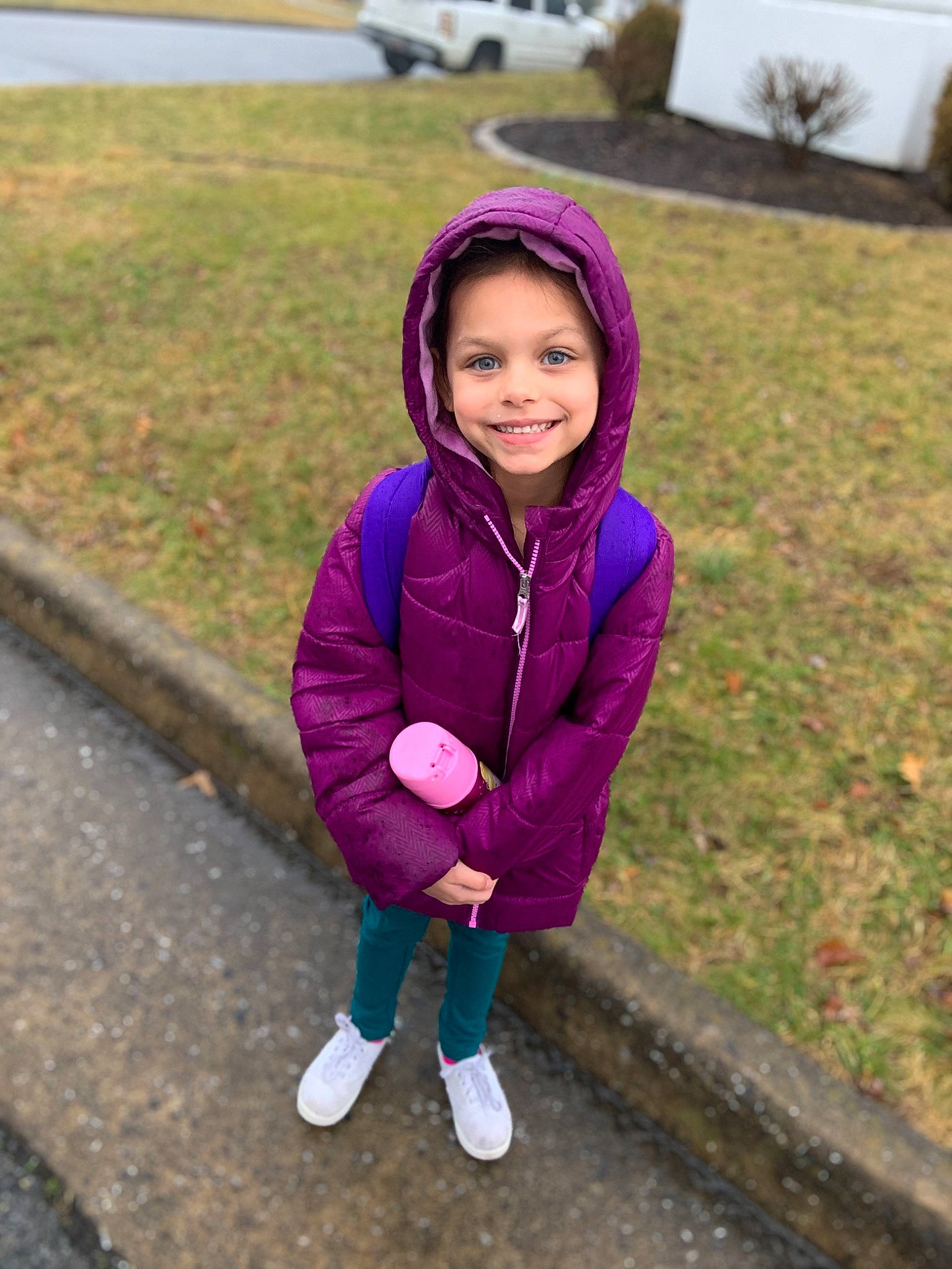 Naila is registered to the contest to win money with this photo: child, ear, face, happy, head, headwear, jacket, joy, magenta, outerwear, people, person, pink, plant, play, purple, smile, toddler, violet, walking